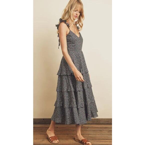 5071 Dress Forum Temecula Dress Navy Floral Sleeveless Tiered Ruffle Midi Small - Picture 2 of 7